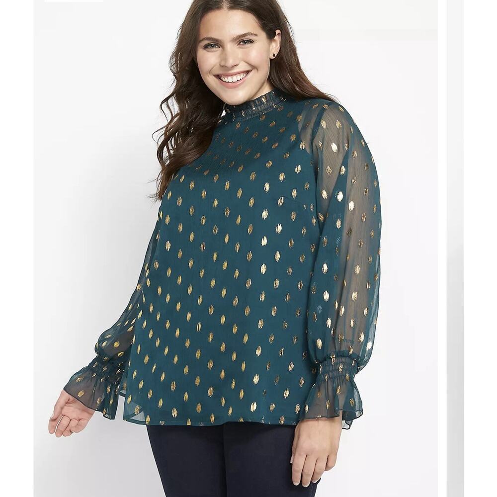 Lane Bryant Layered Chiffon Green/Gold Long Sleeve High Neck Womens Plus Size 20